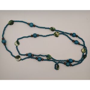 Boho Beaded Necklace – Turquoise Seed Beads, Wooden Beads & Green Shell Accents